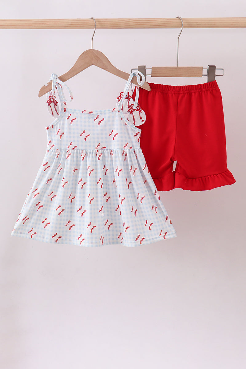 Baseball applique ruffle gingham shorts set