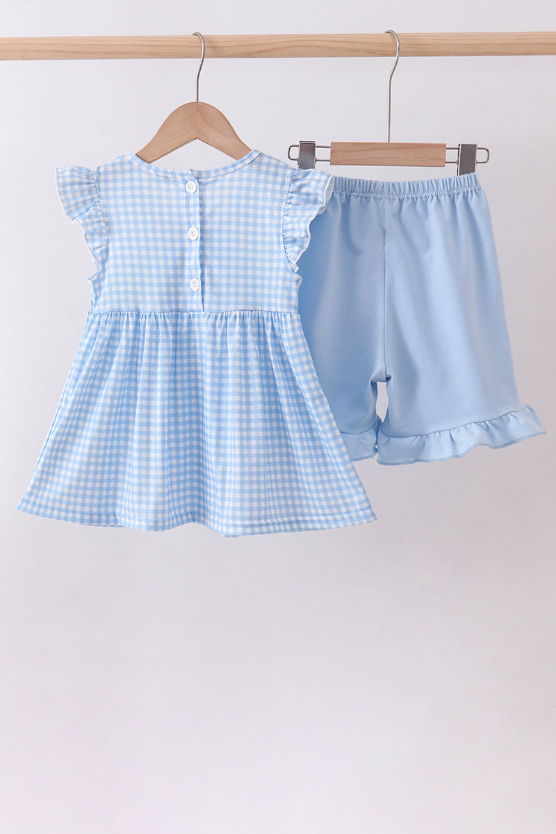 Blue cross bow embroidery ruffle gingham shorts set