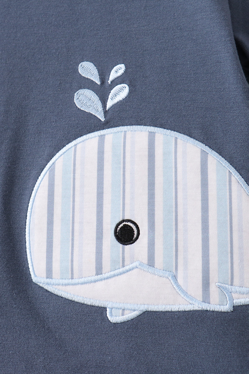 Blue whale applique shorts set