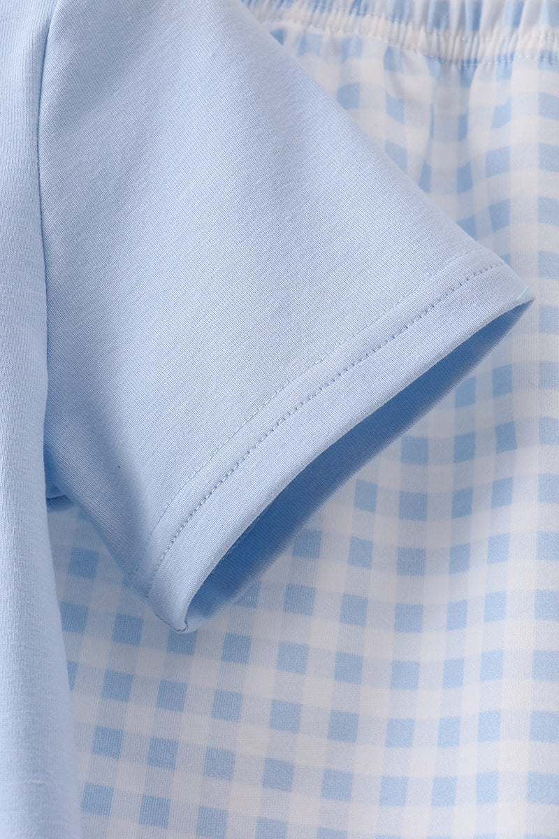 Blue tractor applique shorts set