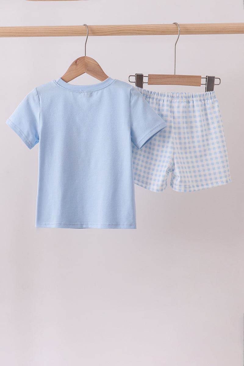 Blue tractor applique shorts set