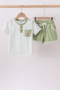 Sage stripe puppy embroidery shorts set