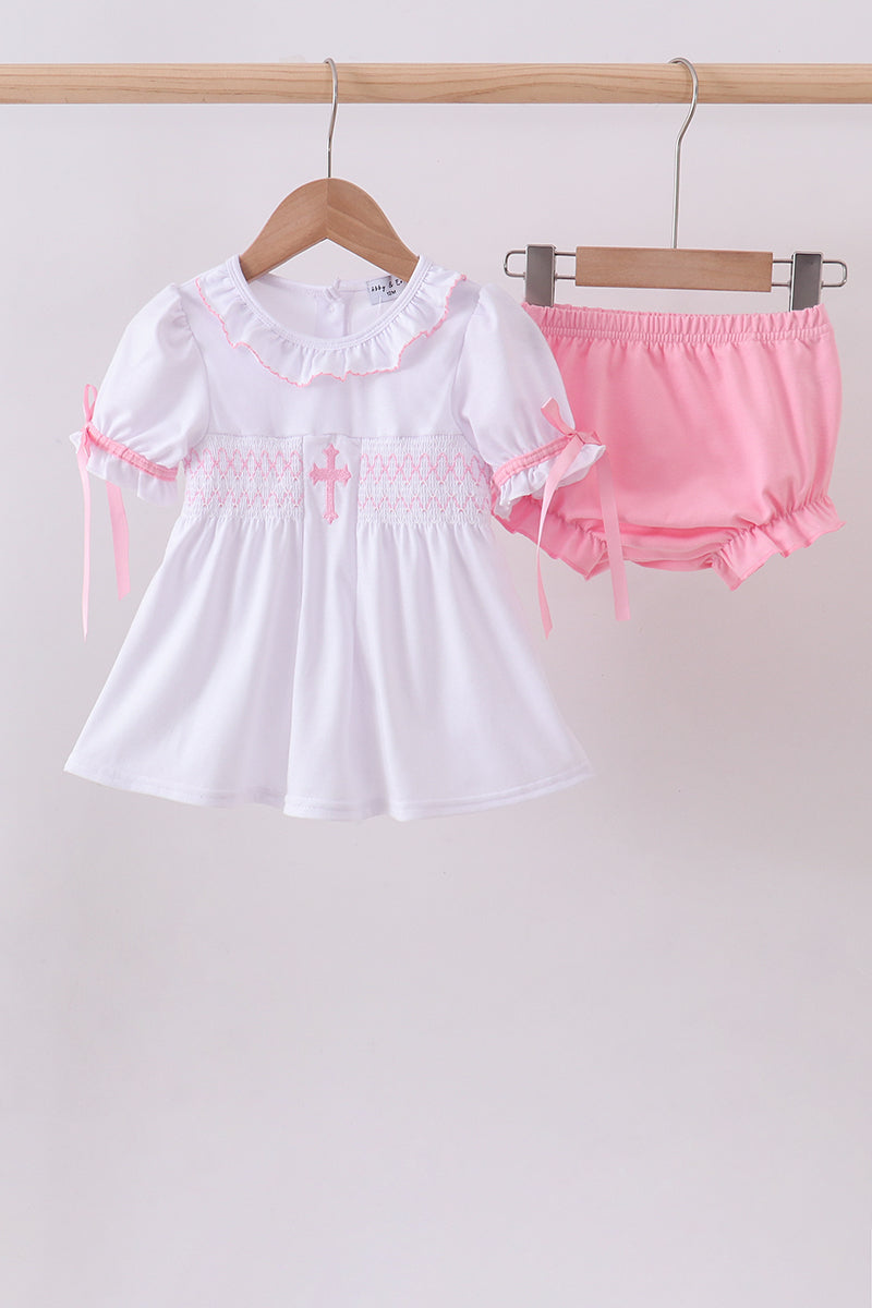 Pink & White Smocked Cross Bloomer Set