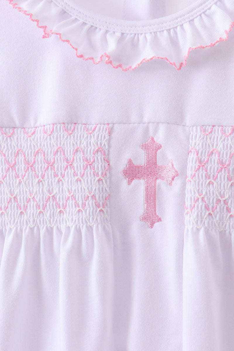Pink & White Smocked Cross Bloomer Set