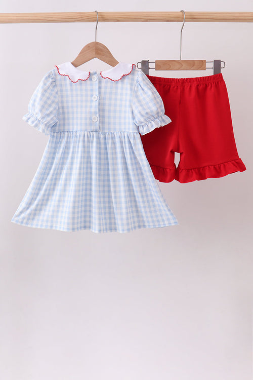 Blue School Bus Smocked Ruffle Shorts Set