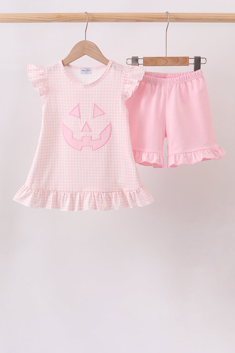 Pink Jack-O-Lantern  Applique Ruffle Shorts Set