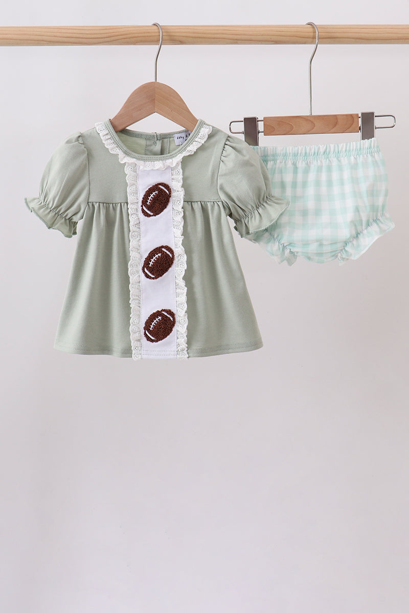 Green football french knot gingham bloomer set