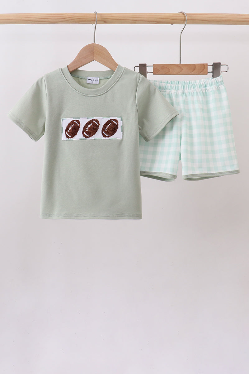 Green football french knot gingham shorts set