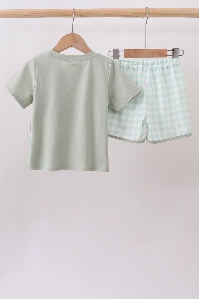 Green football french knot gingham shorts set