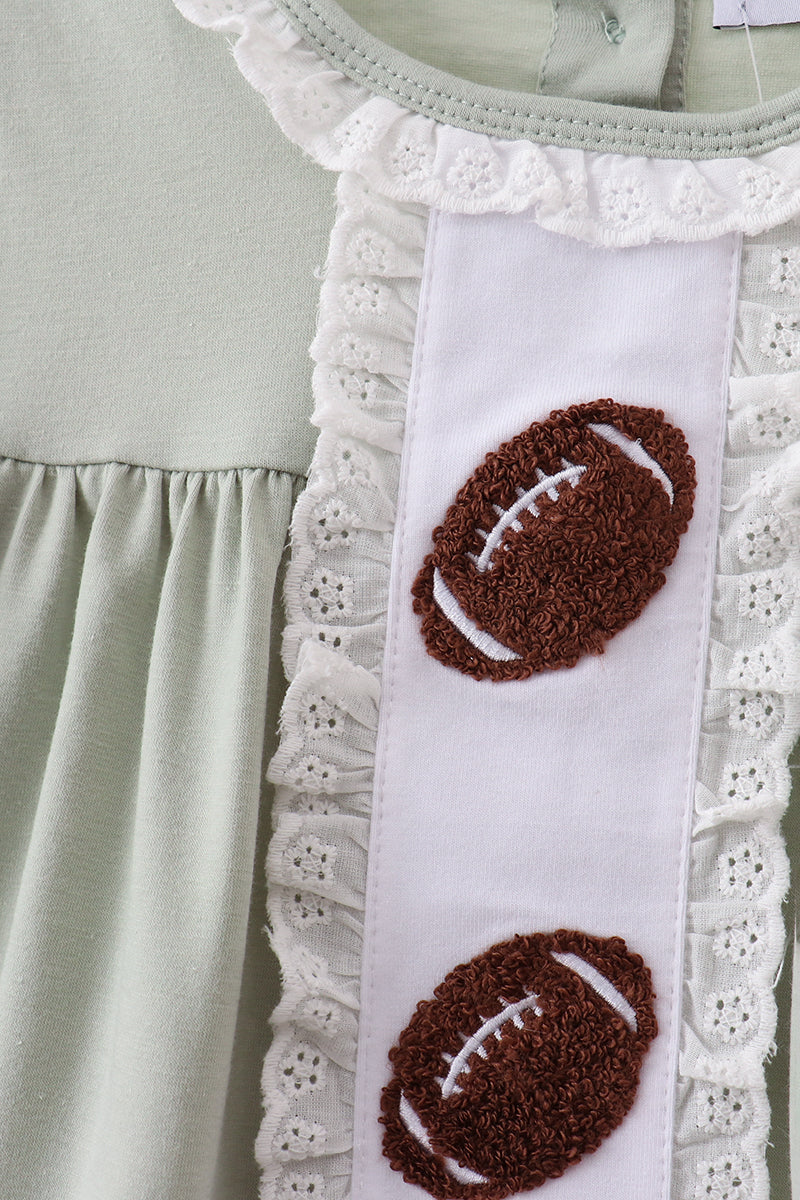 Green football french knot gingham ruffle shorts set