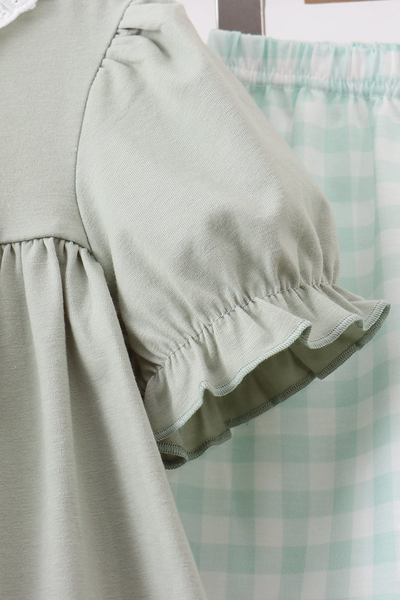 Green football french knot gingham ruffle shorts set