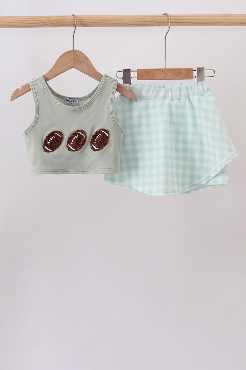 Green football french knot gingham skorts set
