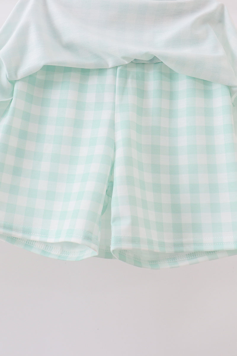 Green football french knot gingham skorts set