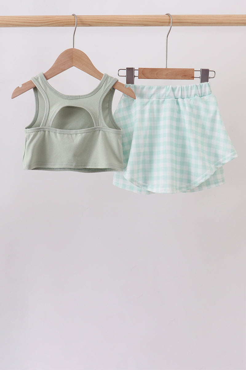 Green football french knot gingham skorts set