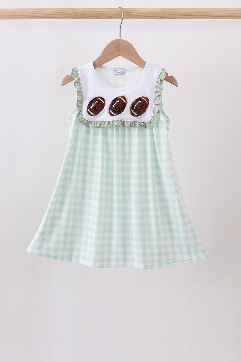 Green football french knot gingham ruffle dress