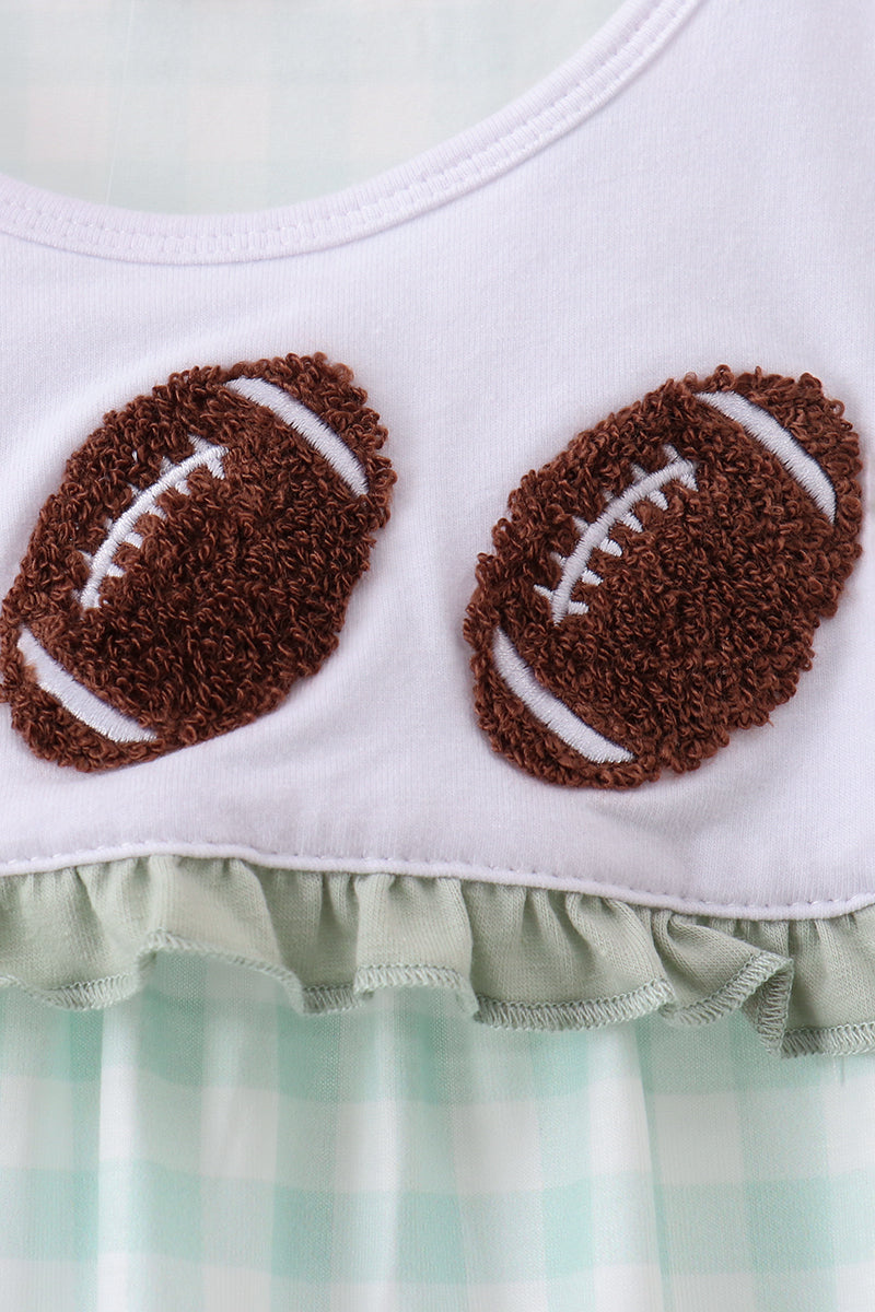 Green football french knot gingham ruffle dress