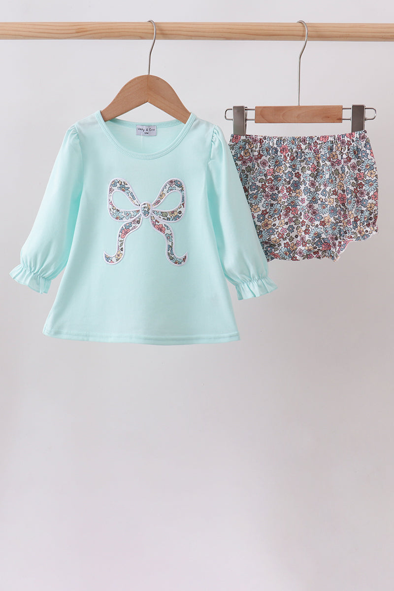 Blue Floral Bow Applique Bloomer Set