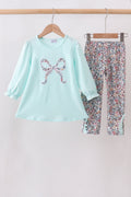 Blue Floral Bow Applique Pants Set