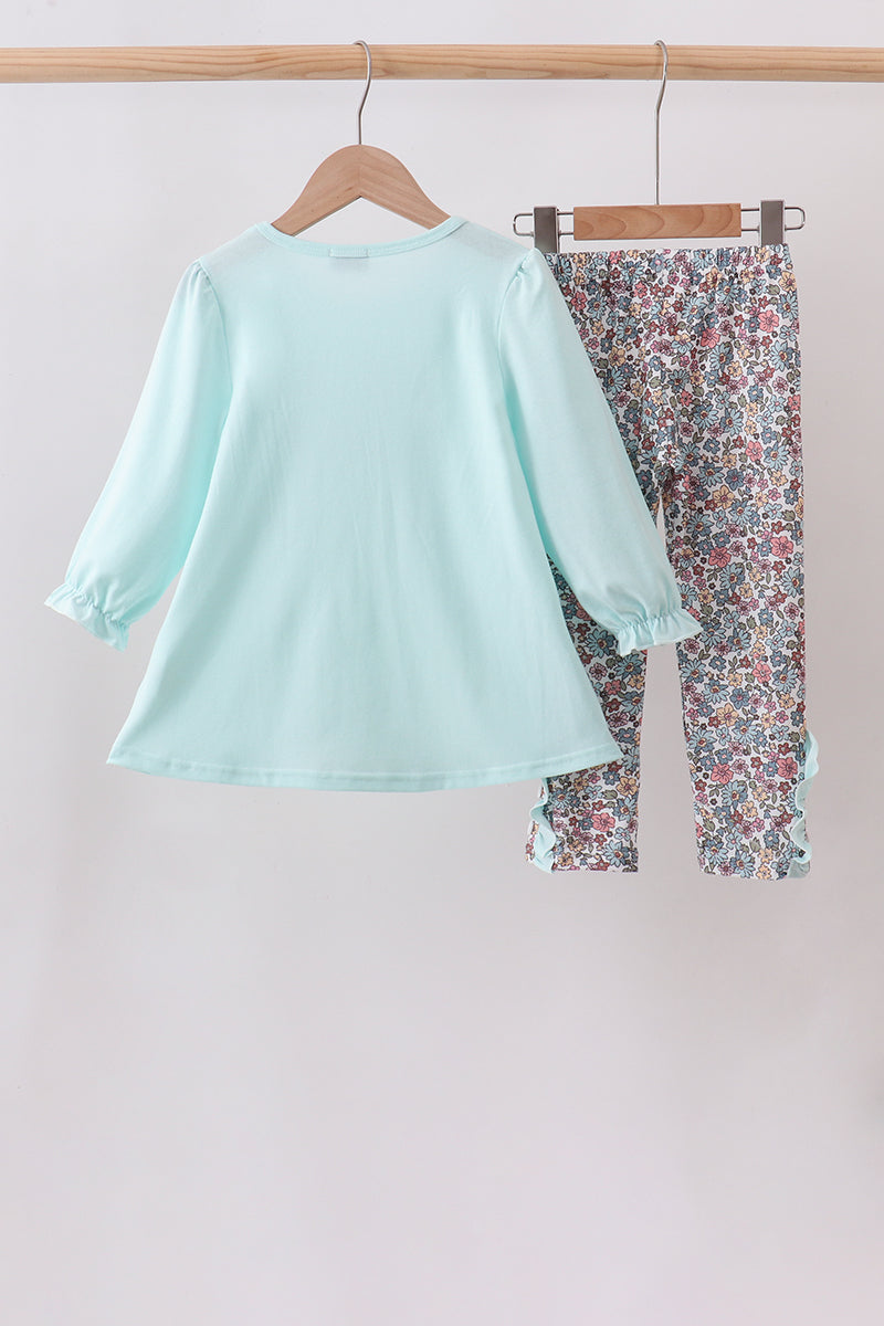 Blue Floral Bow Applique Pants Set