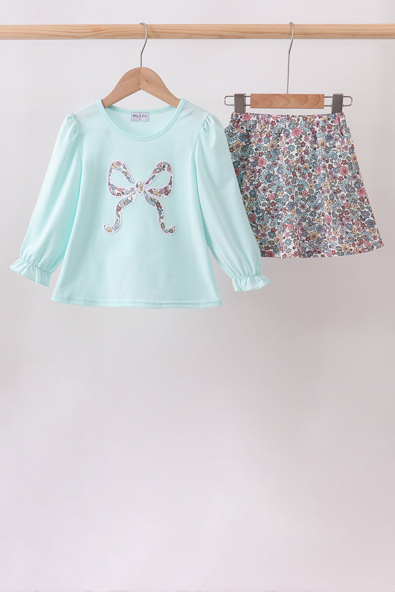 Blue Floral Bow Applique Skorts Set