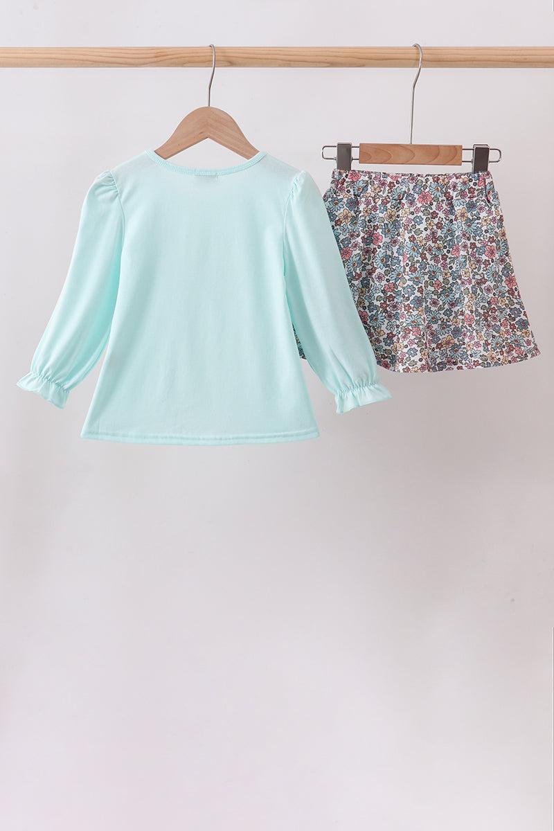 Blue Floral Bow Applique Skorts Set