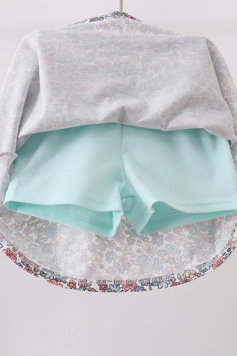 Blue Floral Bow Applique Skorts Set