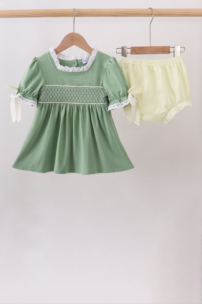 Sage collar smocked lace bloomer set