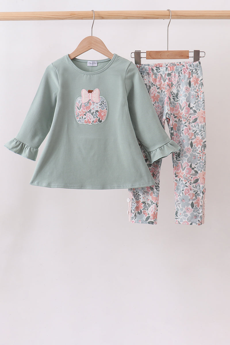Sage Floral Pumpkin Applique Pants Set