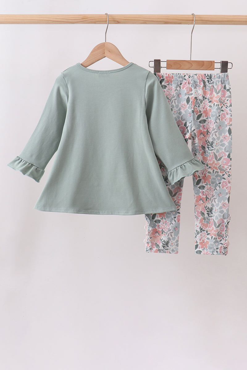 Sage Floral Pumpkin Applique Pants Set