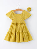 Solid Girls Lace Tiered Dress With Scrunchie