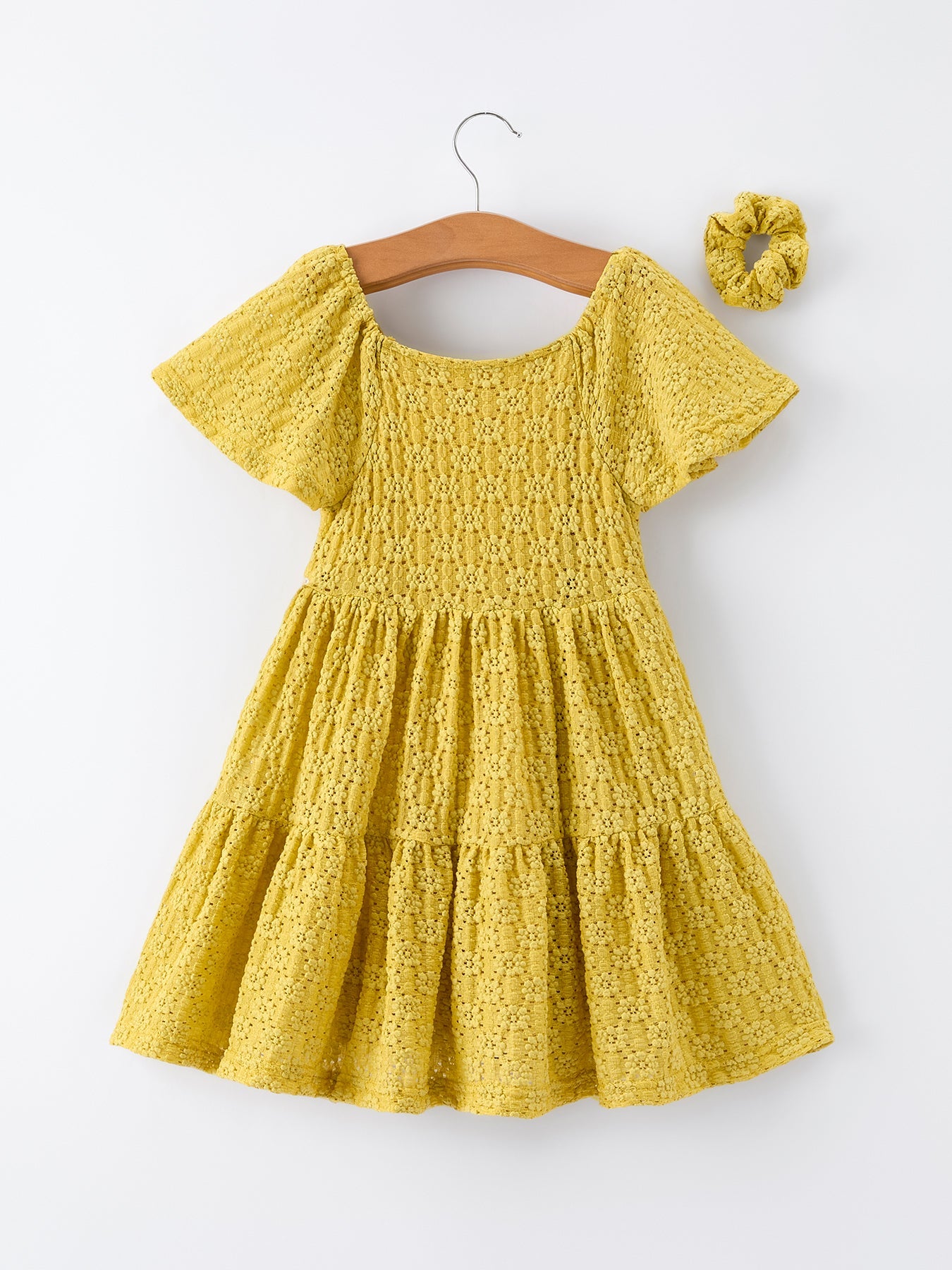 Solid Girls Lace Tiered Dress With Scrunchie