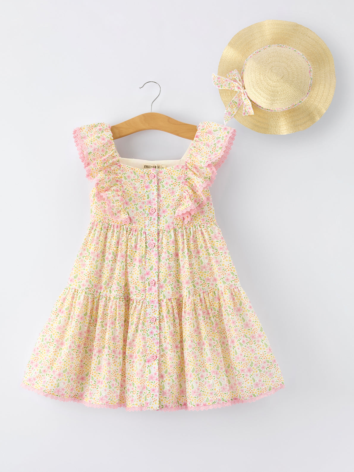 Floral Ruffle Dress With Bow Straw Hat Set