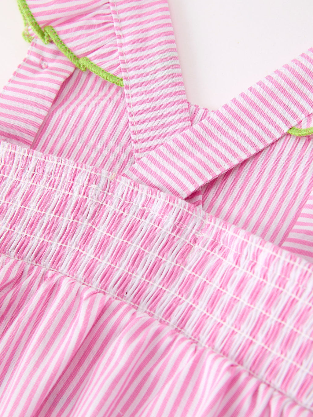 Turtle Girls Romper Pink Stripe Ruffle Strap Smocked