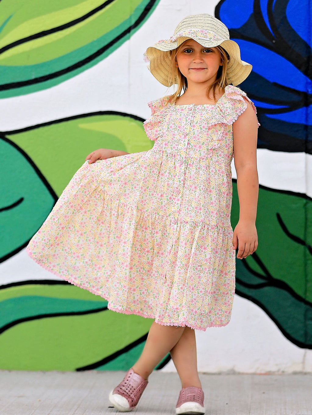 Floral Ruffle Dress With Bow Straw Hat Set