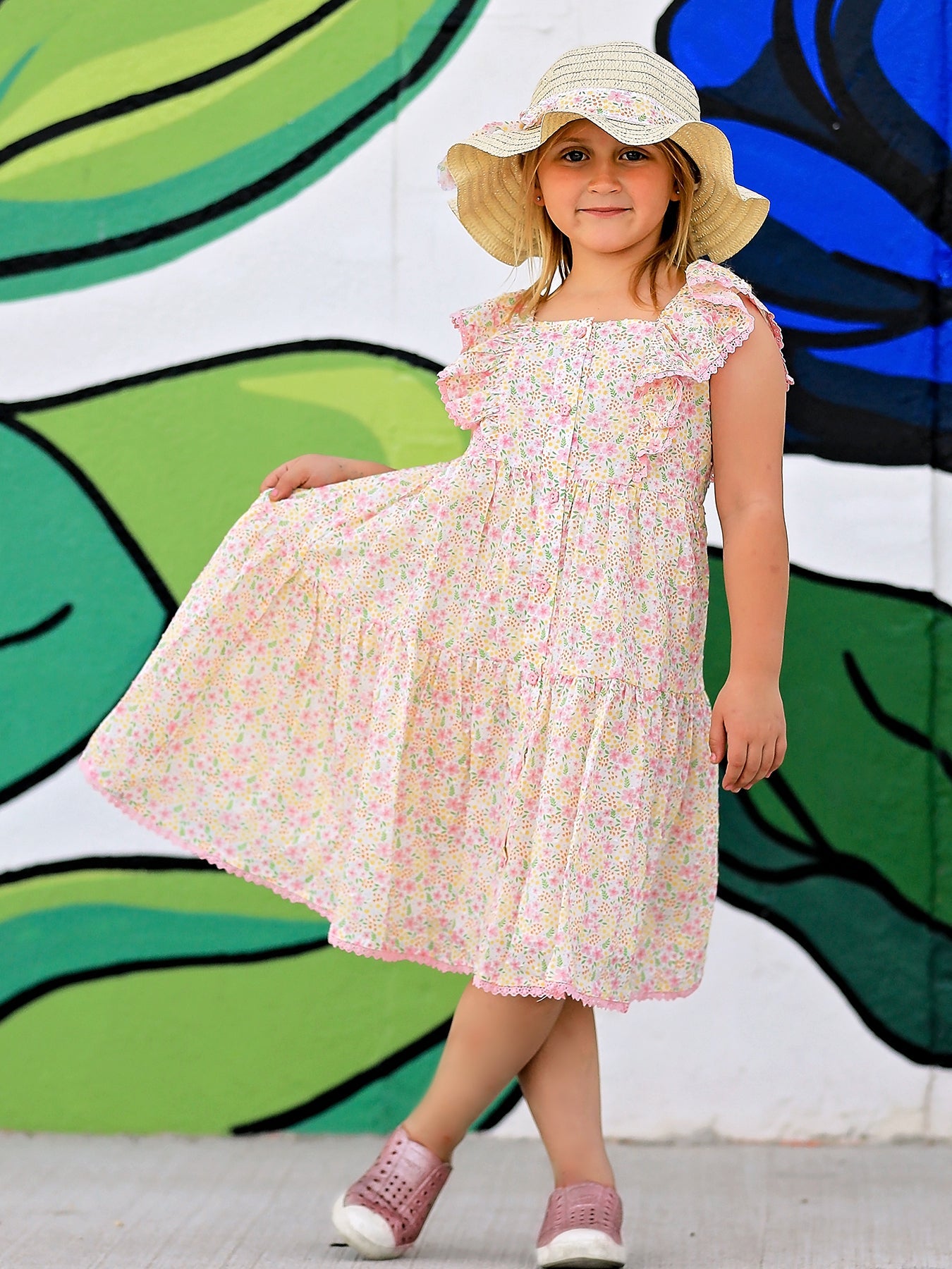 Floral Ruffle Dress With Bow Straw Hat Set
