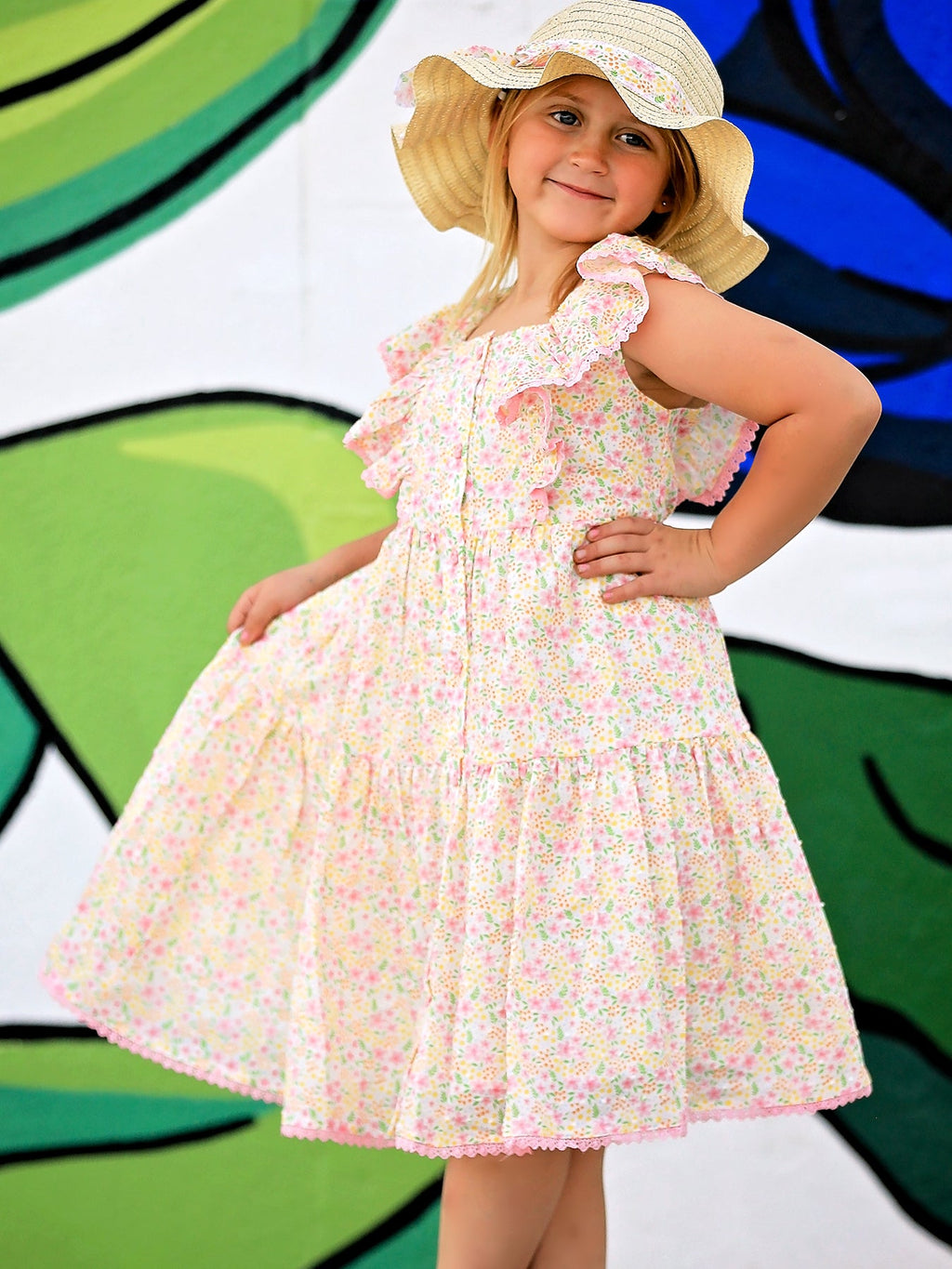 Floral Ruffle Dress With Bow Straw Hat Set