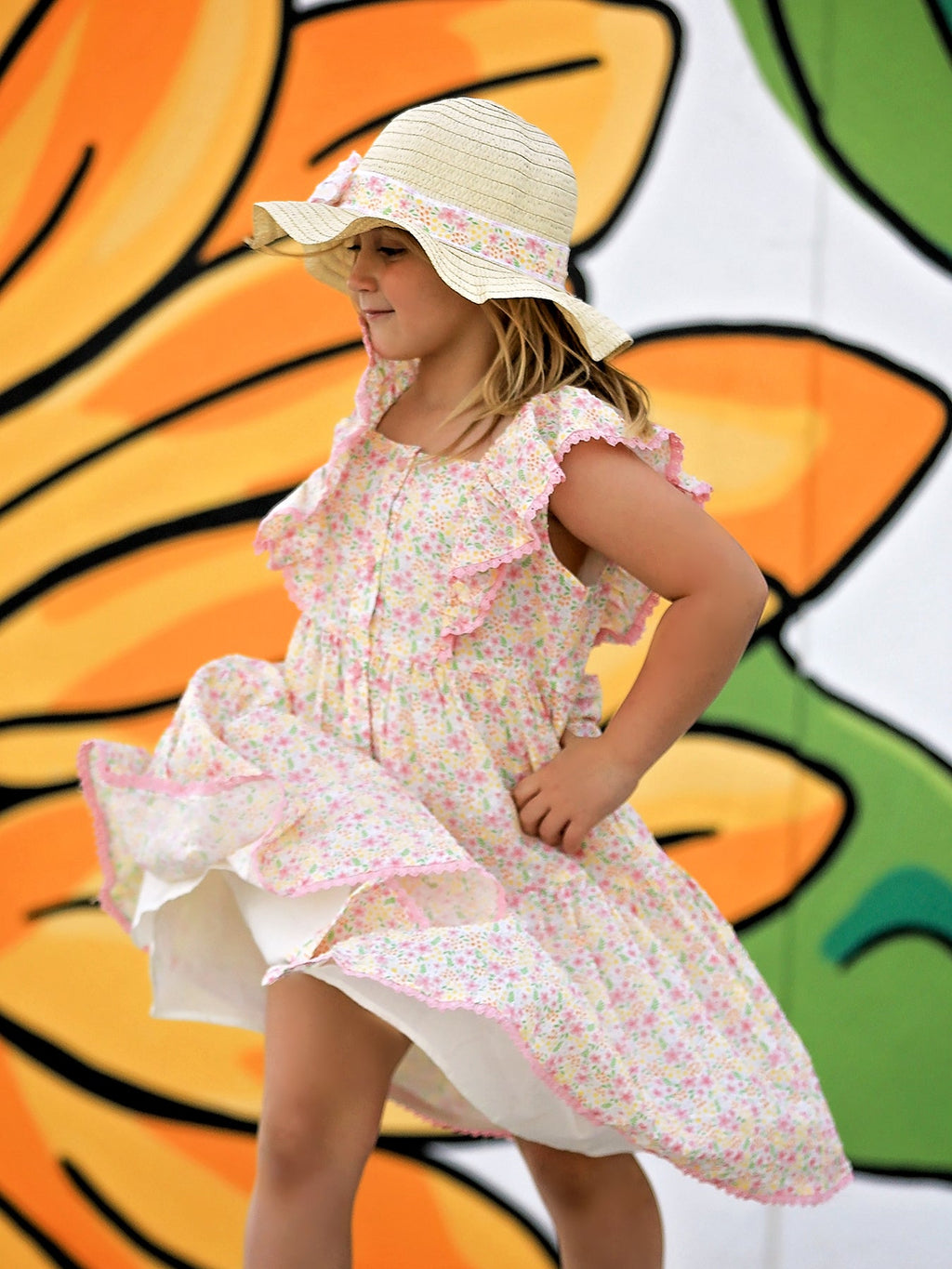 Floral Ruffle Dress With Bow Straw Hat Set