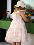 Floral Ruffle Dress With Bow Straw Hat Set