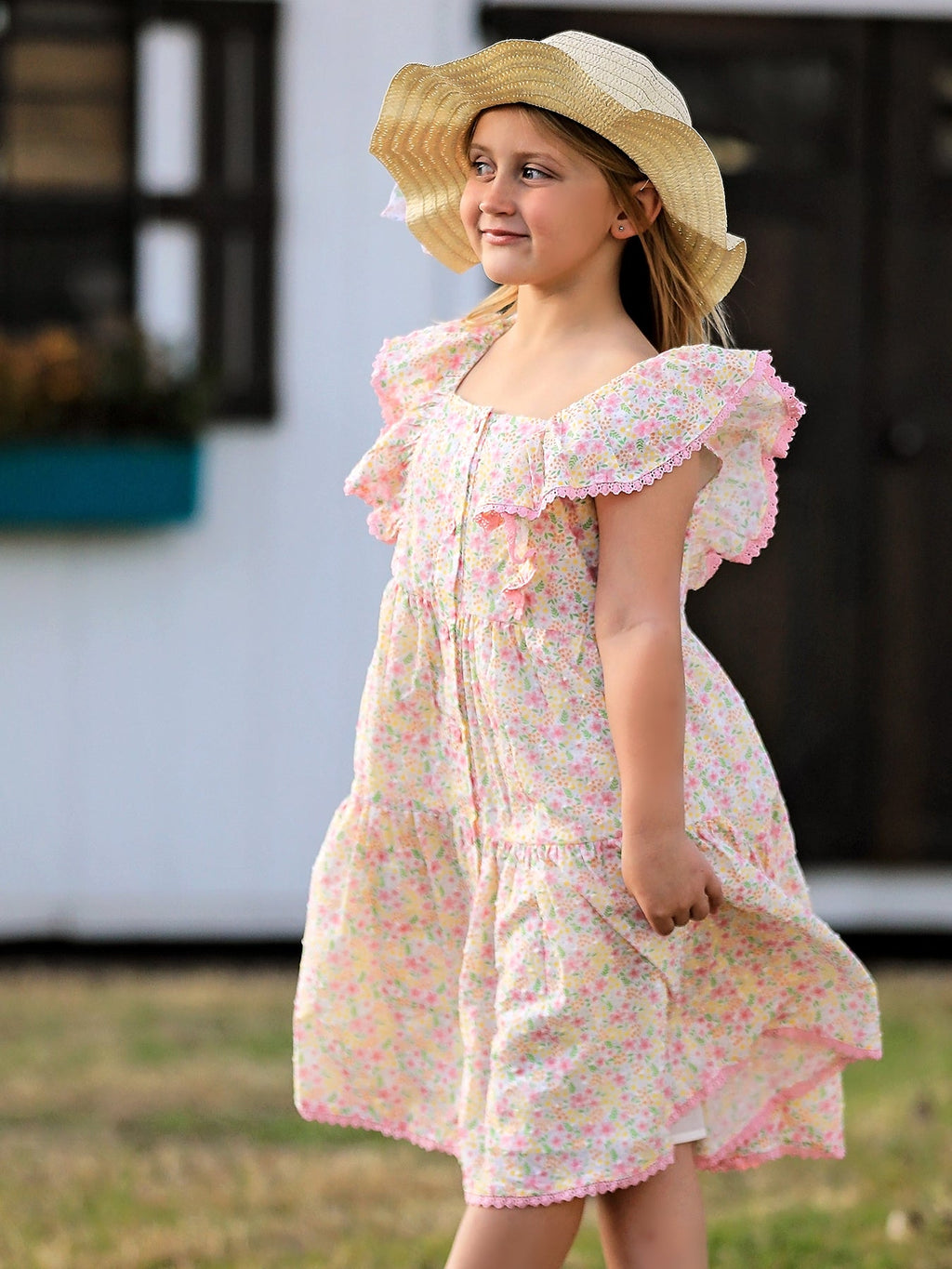 Floral Ruffle Dress With Bow Straw Hat Set