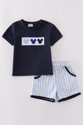 Navy character embroidery gingham shorts