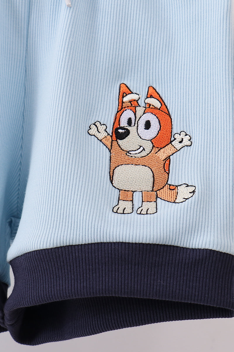 Blue character embroidery stripe shorts set