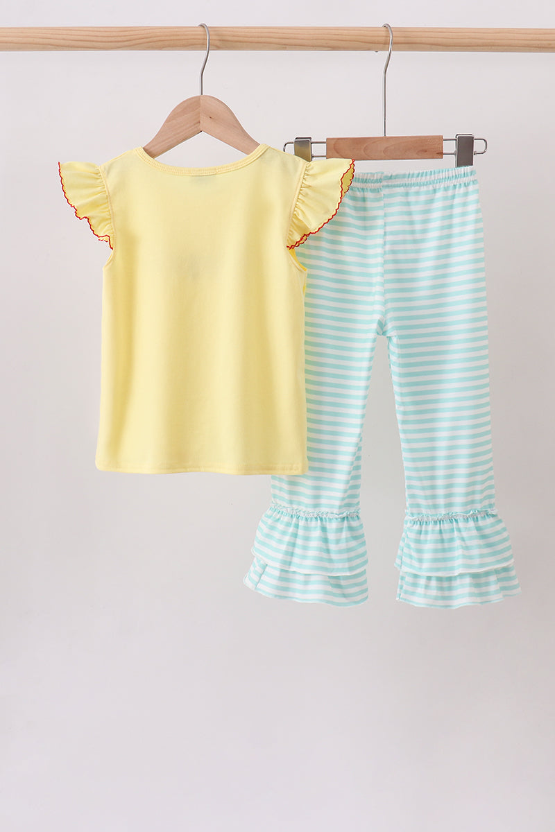Yellow Apple Crayon Embroidered Ruffle Pants Set