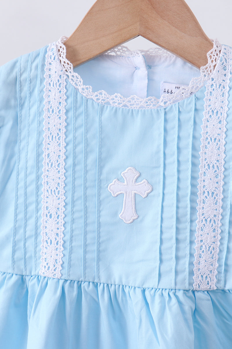 Blue cross embroidery lace dress