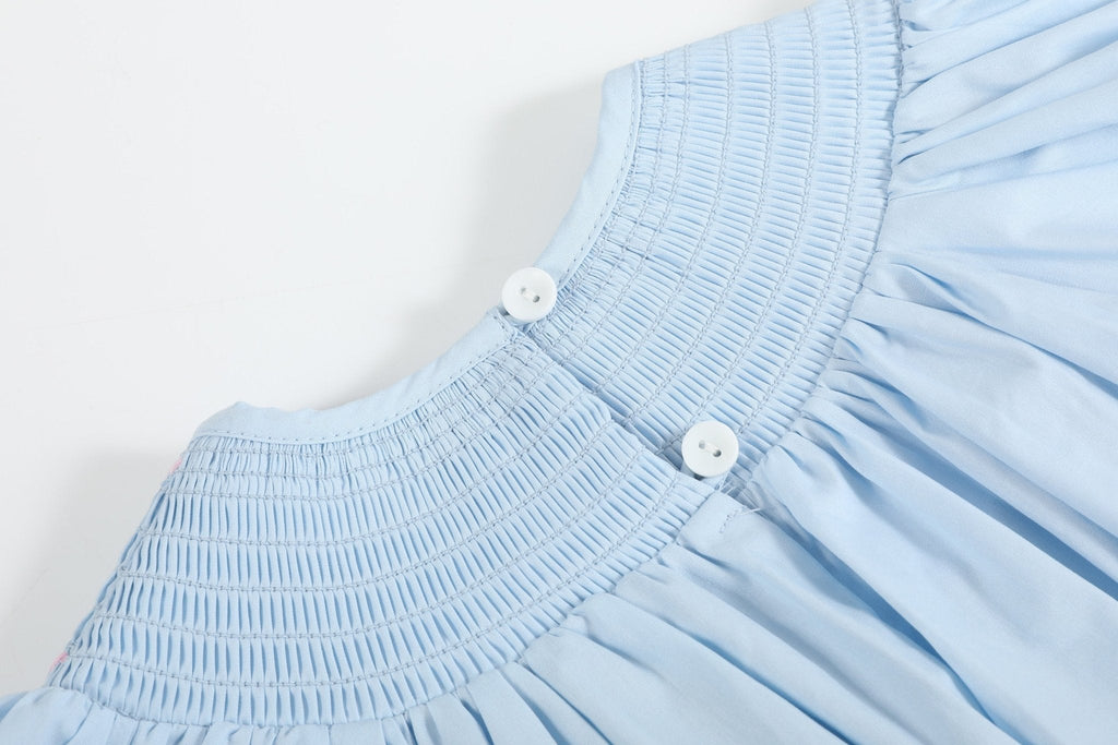 Blue and Pink Bow Smocked Bishop Dress