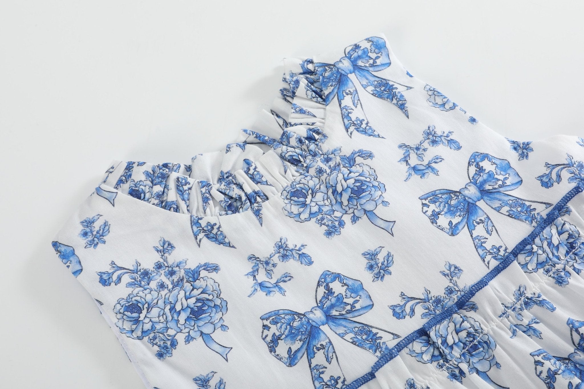 Blue and White Print Layered Ruffle Dress