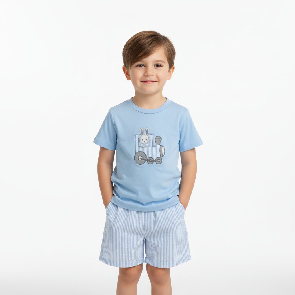 Blue Train T-Shirt and Seersucker Shorts Set