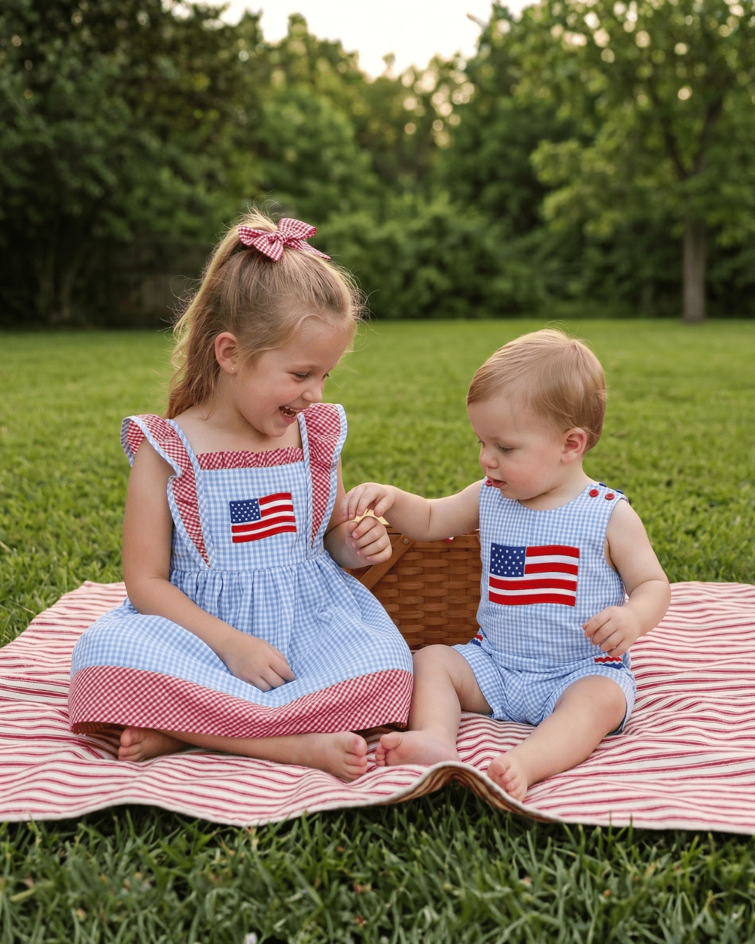 Blue Gingham American Flag Pocket Shortalls