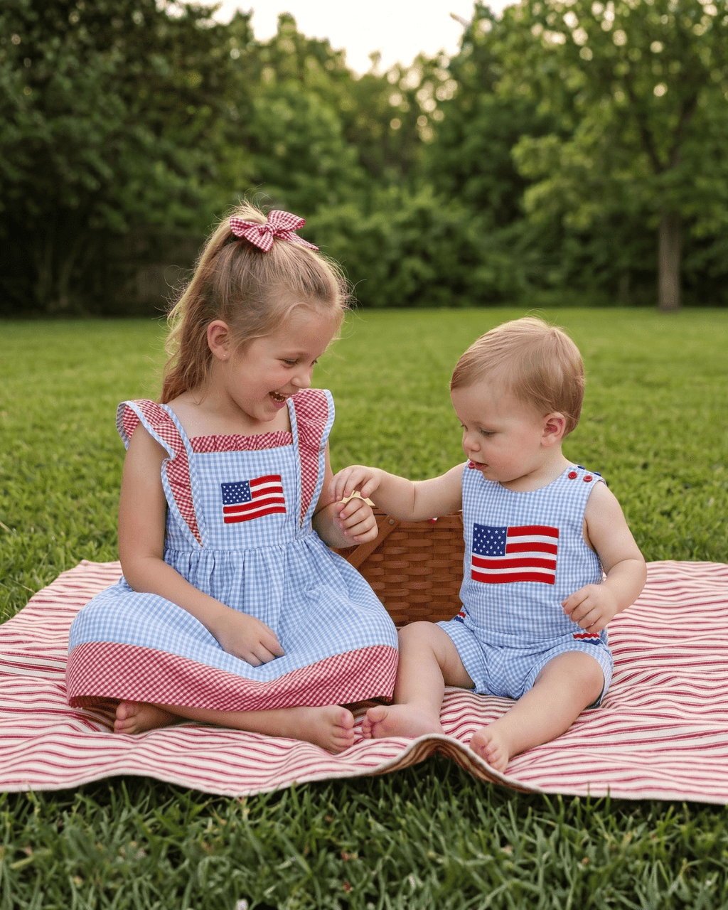 Blue Gingham American Flag Ruffle Dress