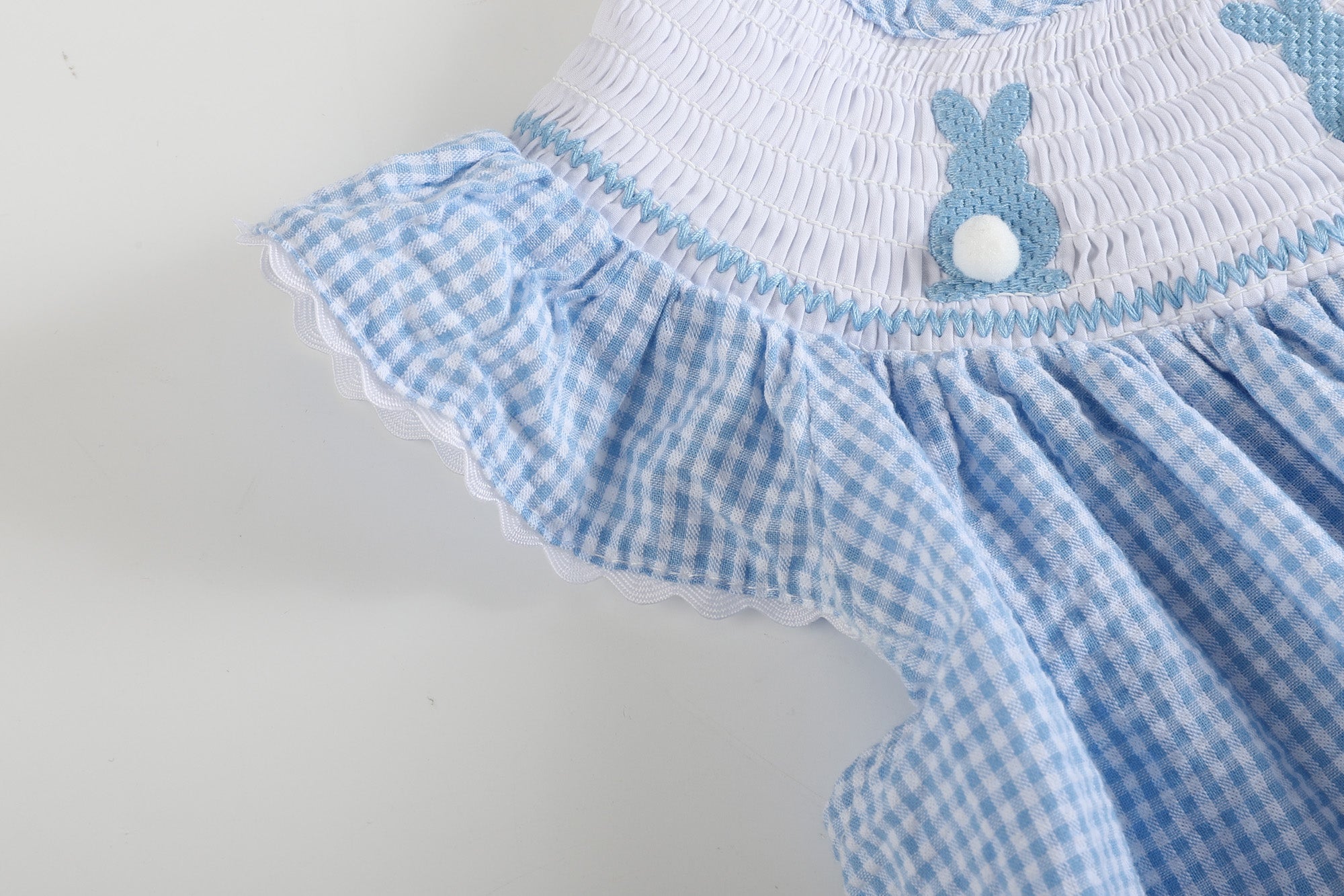 Blue Gingham Bunny Smocked Bishop Dress
