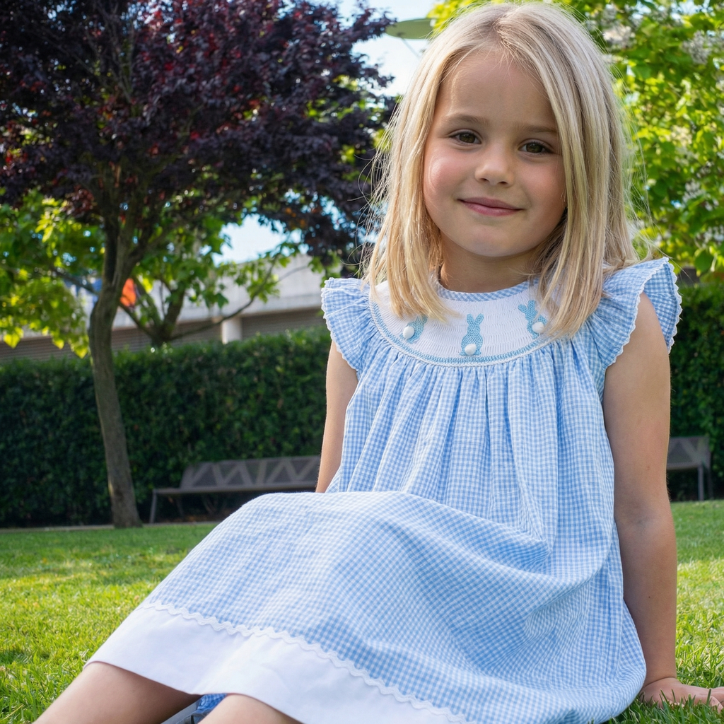 Blue Gingham Bunny Smocked Bishop Dress